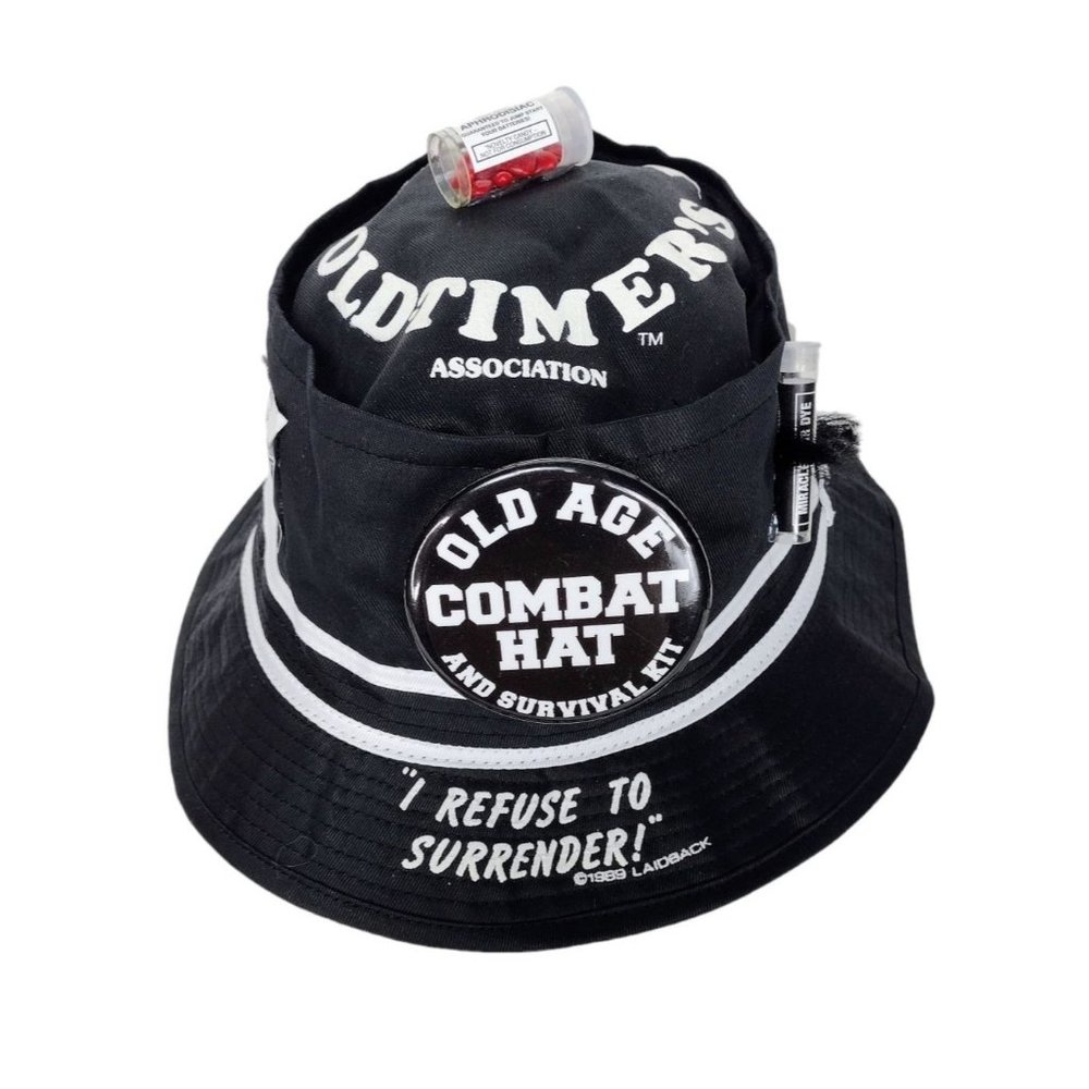 Vintage 80's Novelty Laid Back Old-Timers Survival Gadget Kit Bucket Hat